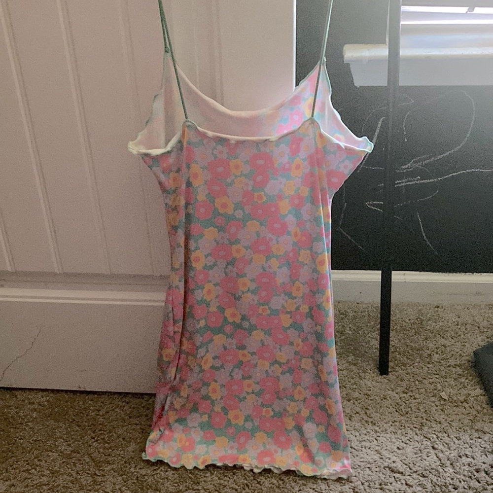 Pink yellow and green flower dress from Shein. It’s a size small.